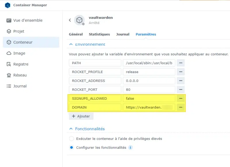 Container Vaultwarden (Bitwarden) - Les variables environnement