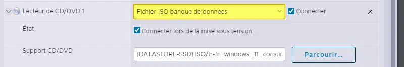 Fichier ISO Windows dans paramètres VM VMware