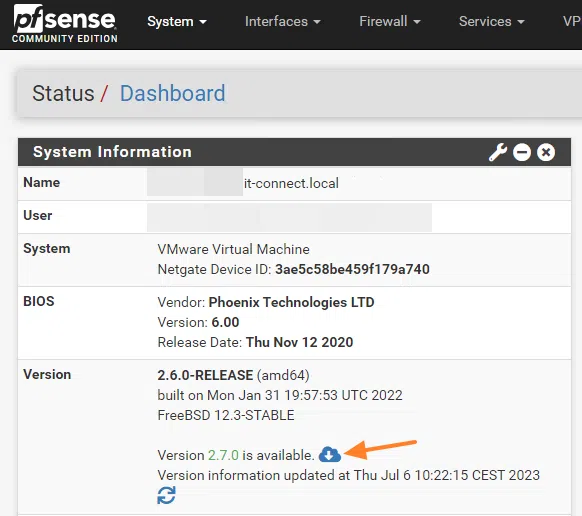 Mise à jour pfSense vers 2.7.0