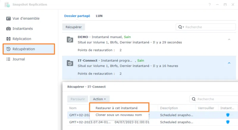 Restauration snapshot immuable