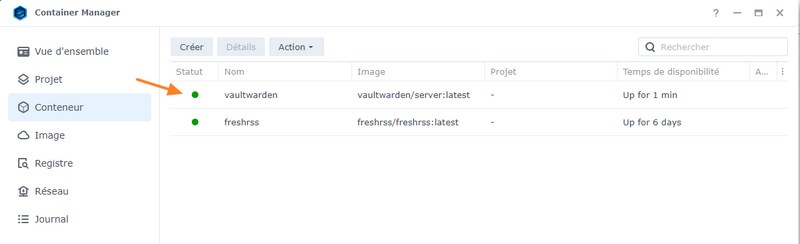 Synology - Container Manager - Vaultwarden - Container ON