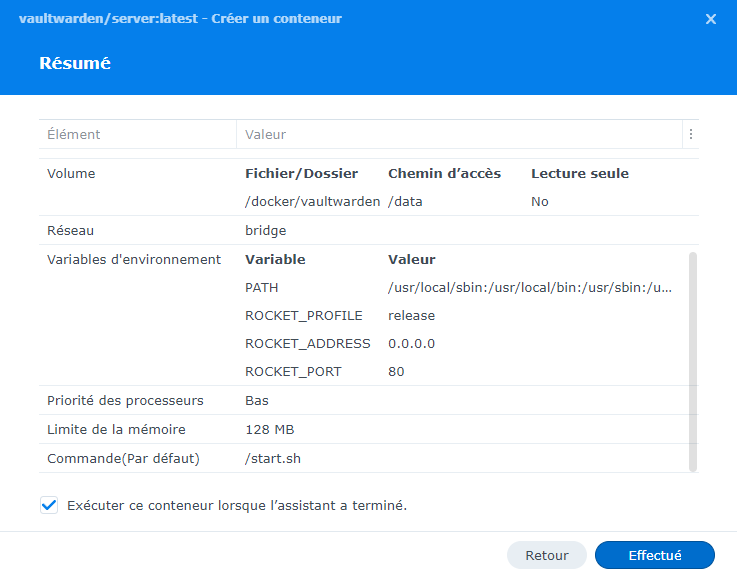 Synology - Container Manager - Vaultwarden - Créer le container