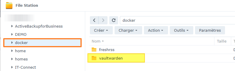 Synology - Container Manager - Vaultwarden - Dossier des données