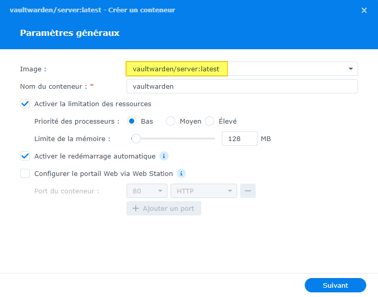 Synology - Container Manager - Vaultwarden - Paramètres généraux