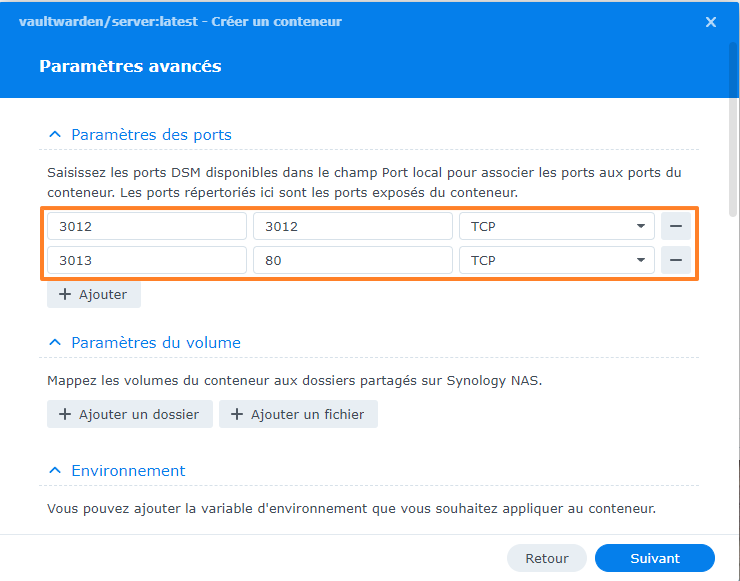 Synology - Container Manager - Vaultwarden - Ports