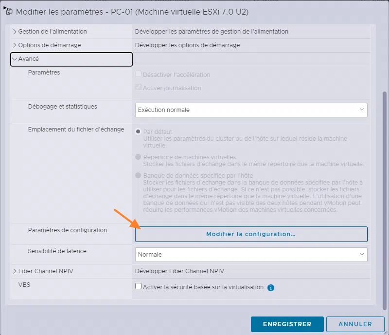 VMware ESXi - Modifier la configuration avancée VM