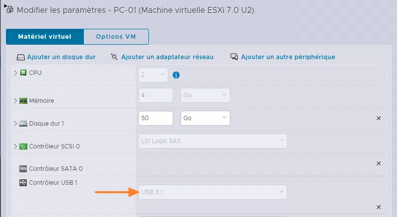 VMware ESXi - VM - Version du contrôleur USB