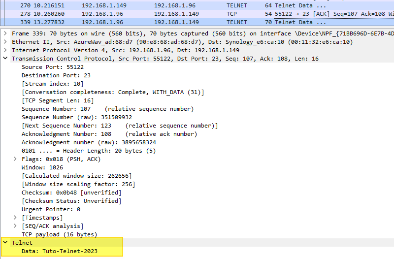 Wireshark - Telnet - Mot de passe en clair