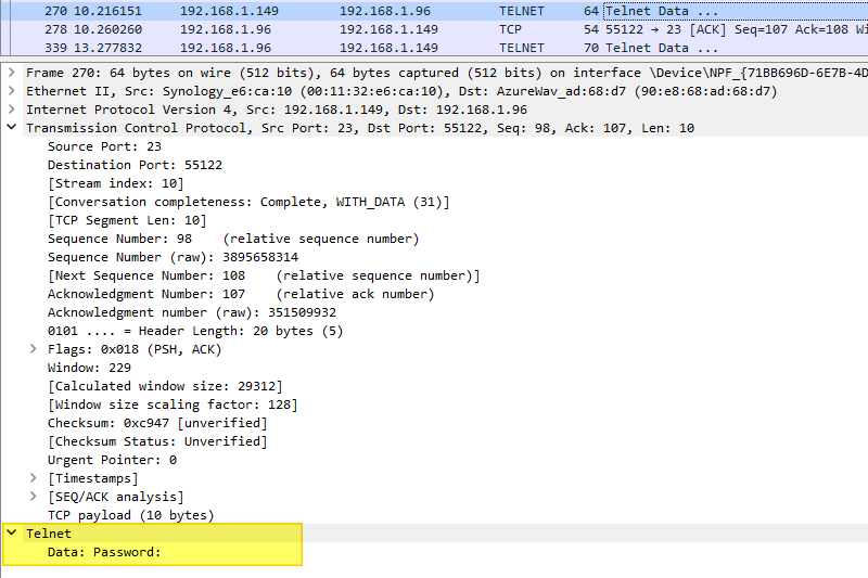 Wireshark - Telnet - Password