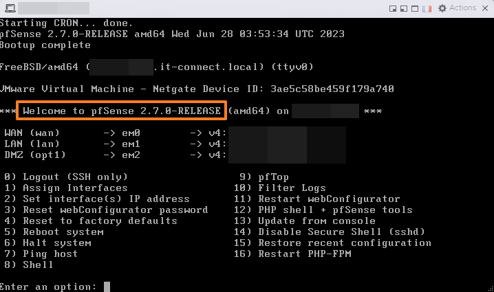 pfSense 2.7.0 installé - menu principal