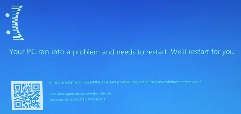 Windows - Ecran bleu UNSUPPORTED PROCESSOR