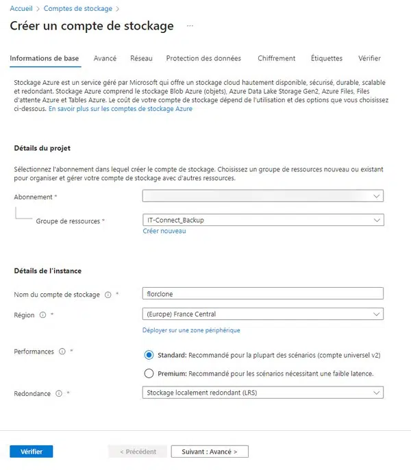 Azure Compte de stockage pour Rclone