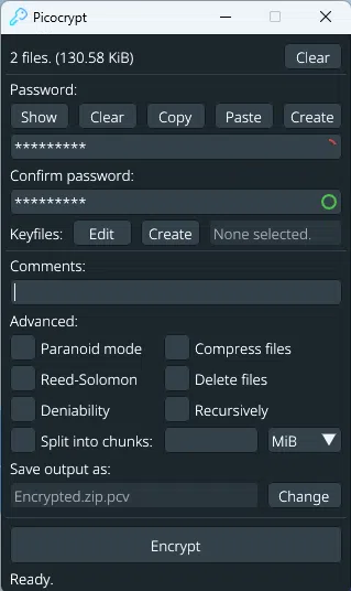 Chiffrer données avec PicoCrypt avec mot de passe ou clé