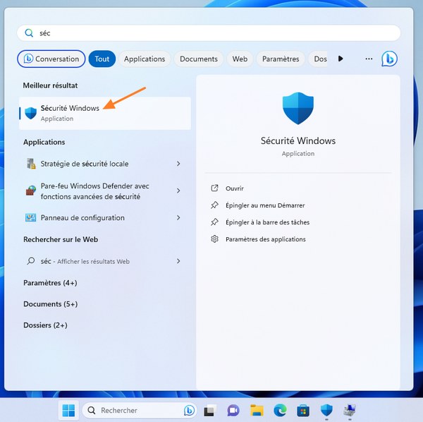 Ouvrir Sécurité Windows sur Windows 11
