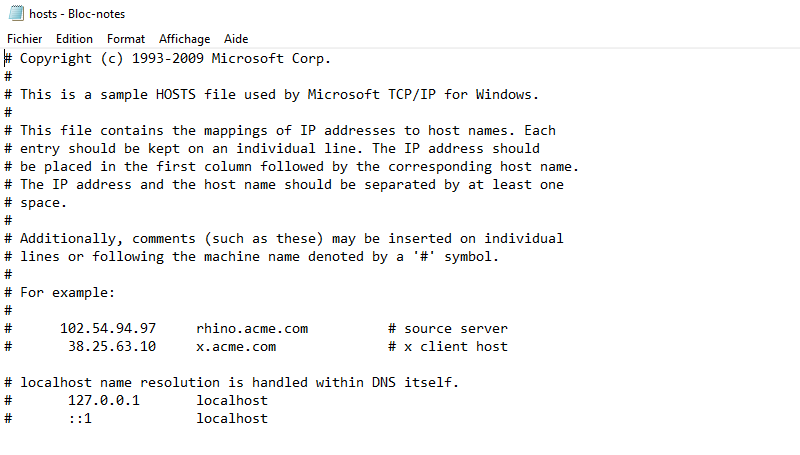 Fichier hosts Windows par défaut