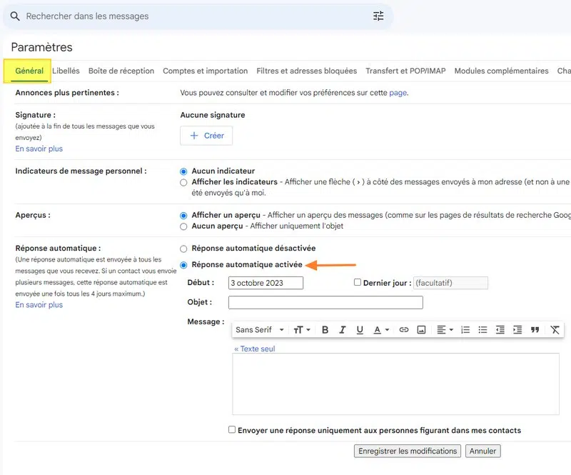 Gmail configurer la réponse automatique