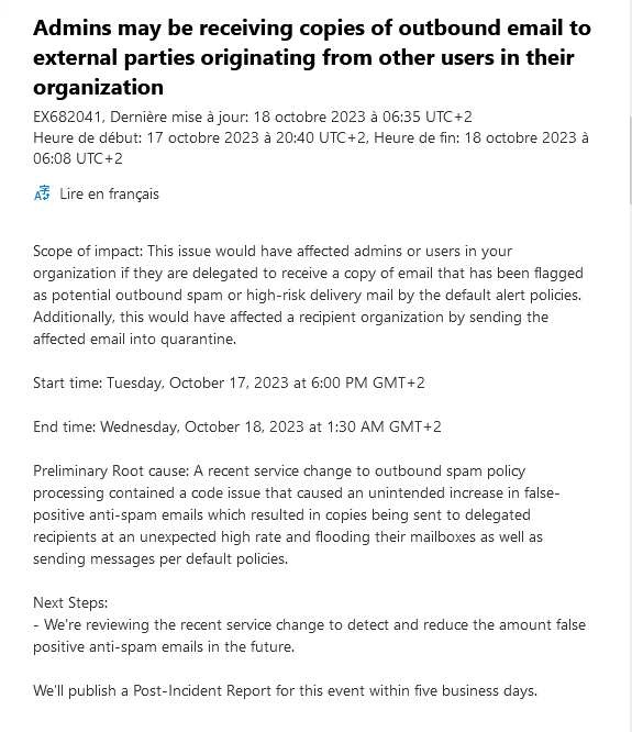 Incident Exchange Online EX682041 Octobre 2023