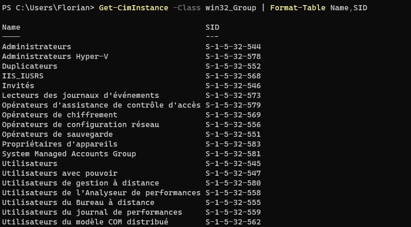 Lister les groupes avec le SID sous Windows