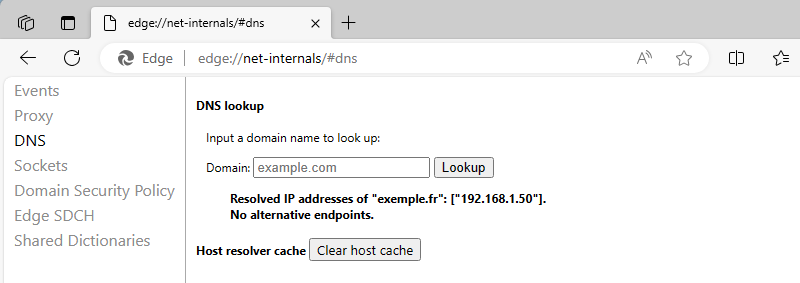 Tester la résolution de noms dans Microsoft Edge ou Chrome