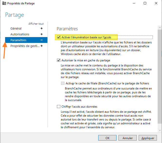 Windows Server 2022 ABE - Activer énumération basée sur accès