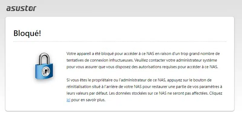 ASUSTOR - ADM Defender - Message bloqué