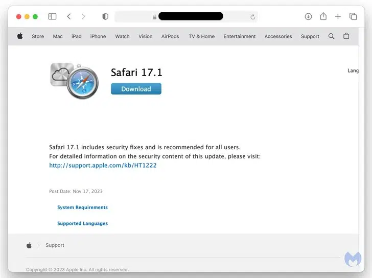 ClearFake - Mise à jour safari malveillante - Novembre 2023