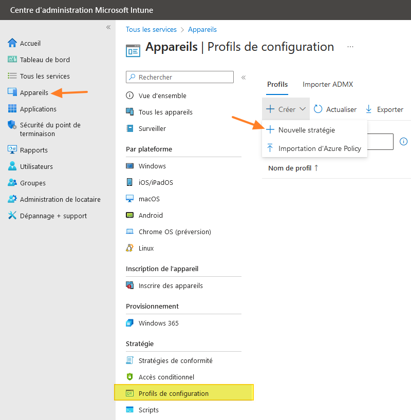 Créer une nouvelle stratégie Intune