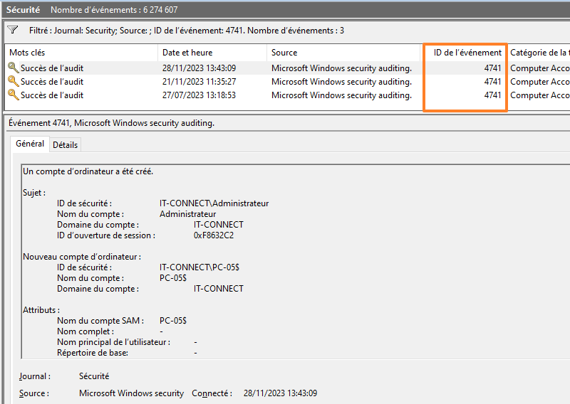 Event Viewer ID 4741 - Nouvel ordinateur AD