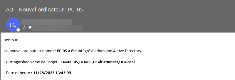 Exemple notification par e-mail nouvel ordinateur intégré à Active Directory