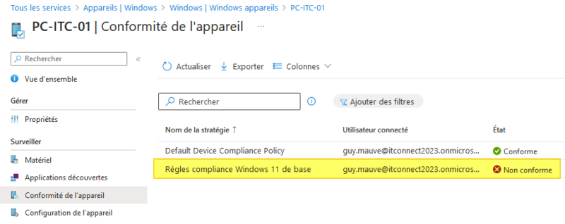 Intune - Détail conformité appareil Windows
