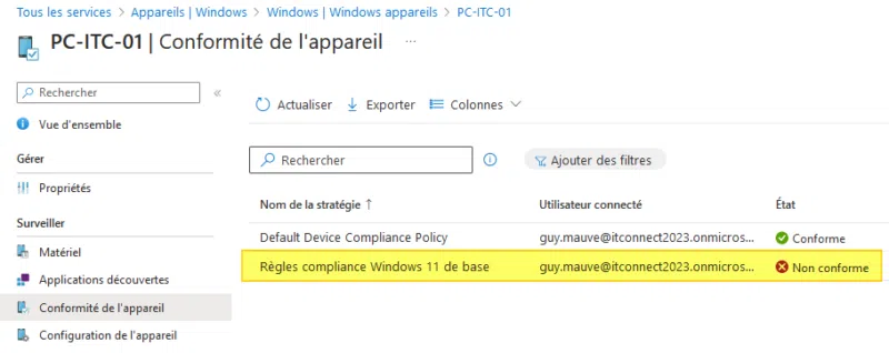 Intune - Détail conformité appareil Windows