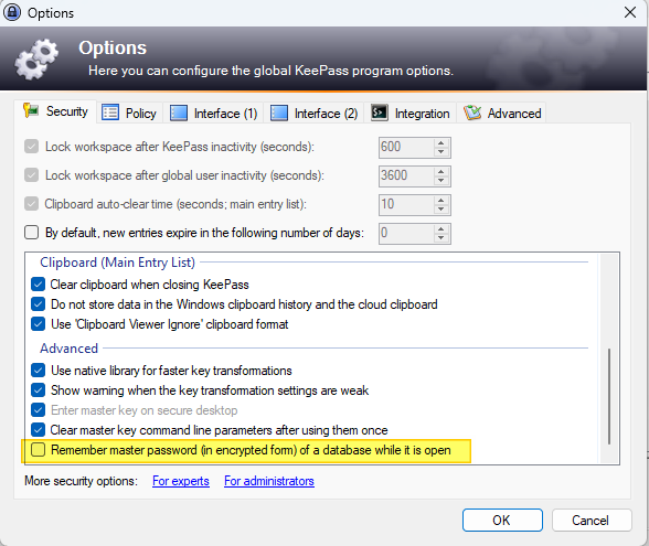 KeePass - Remember master password of a database