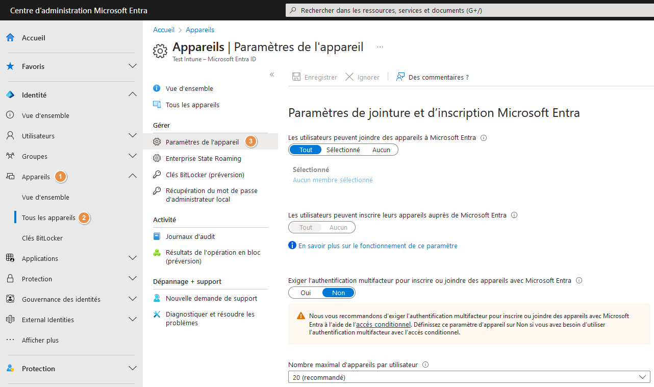 Microsoft Entra ID - Permissions inscription appareils