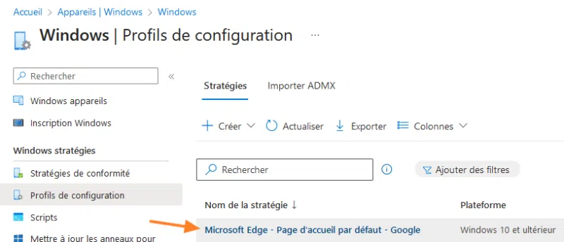Prise en main Intune - Créer profil de configuration - Liste