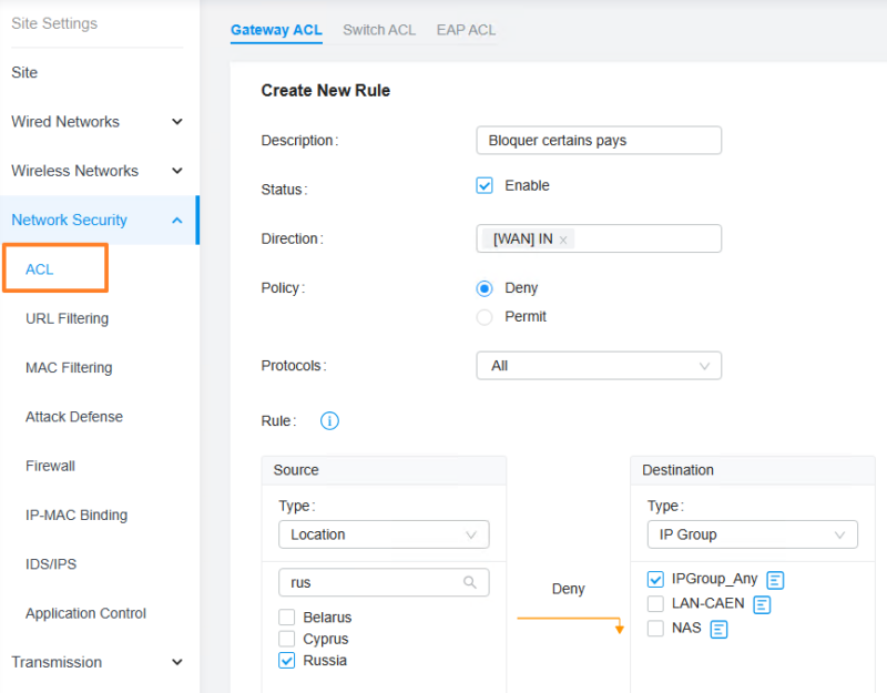 TP-Link Omada - Bloquer certains pays ACL