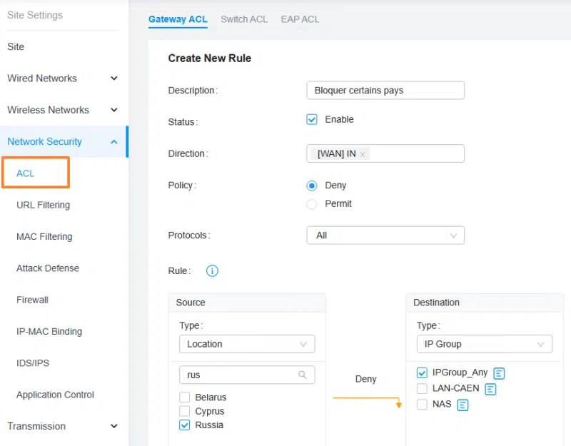 TP-Link Omada - Bloquer certains pays ACL