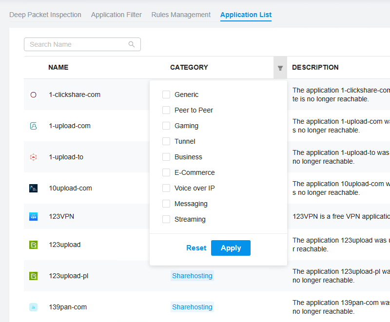 TP-Link Omada - Deep Packet Inspection - Application List