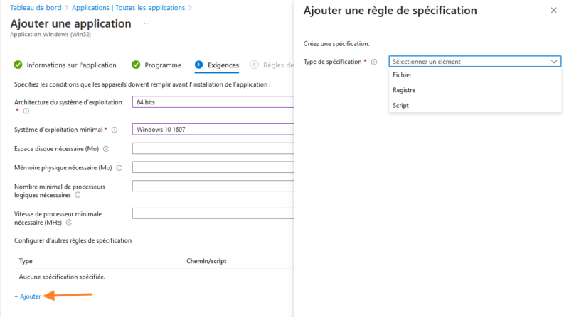 Intune - Ajouter une application - Exigences - Script