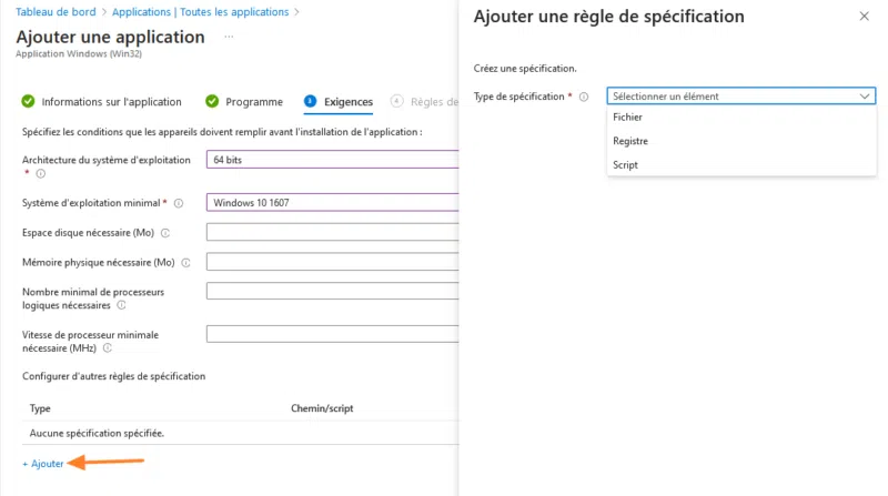 Intune - Ajouter une application - Exigences - Script
