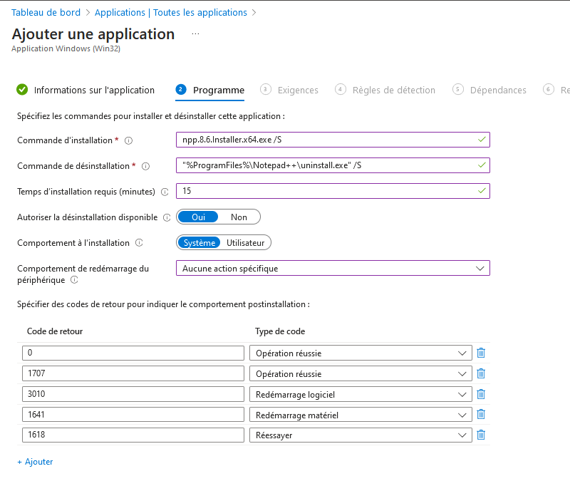 Intune - Ajouter une application - Programme