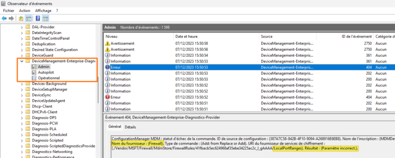Erreur firewall règle créée avec Intune pour Windows