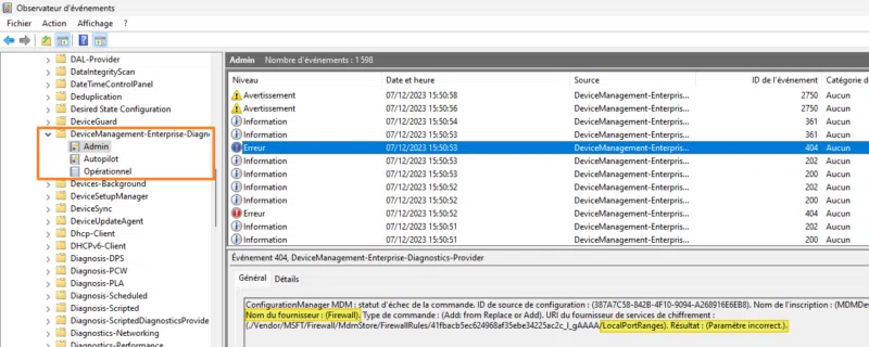 Erreur firewall règle créée avec Intune pour Windows