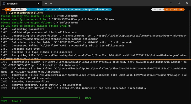 Intune - Exécutable - Générer package intunewim - Console