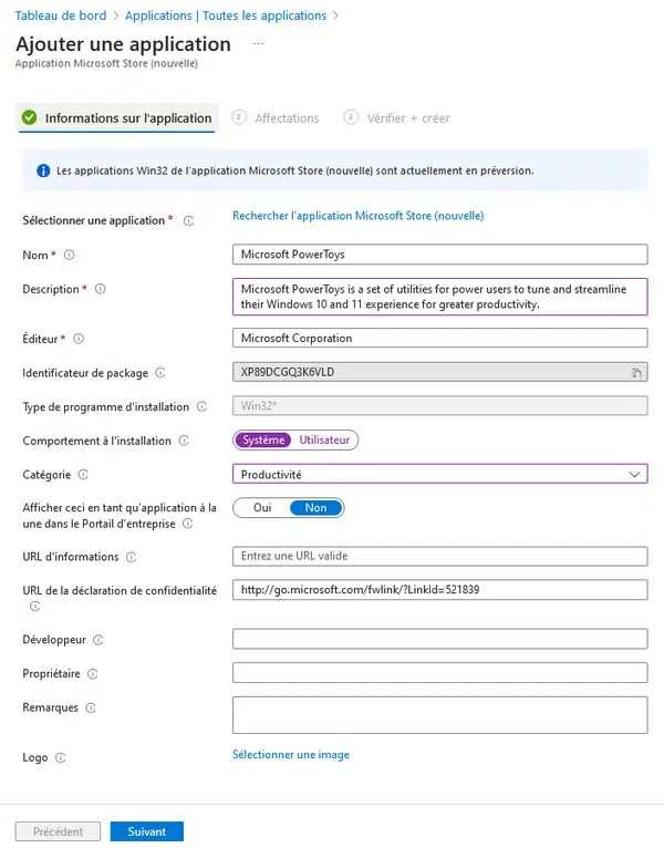 Intune - Paramètres app Microsoft Store