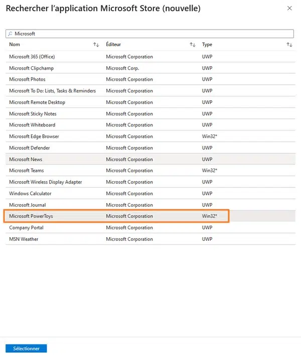 Intune - Sélectionner app Win32 ou UWP à installer