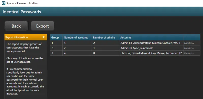 Specops Password Auditor - Mots de passe identiques