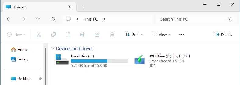 Tiny11 - Espace disque