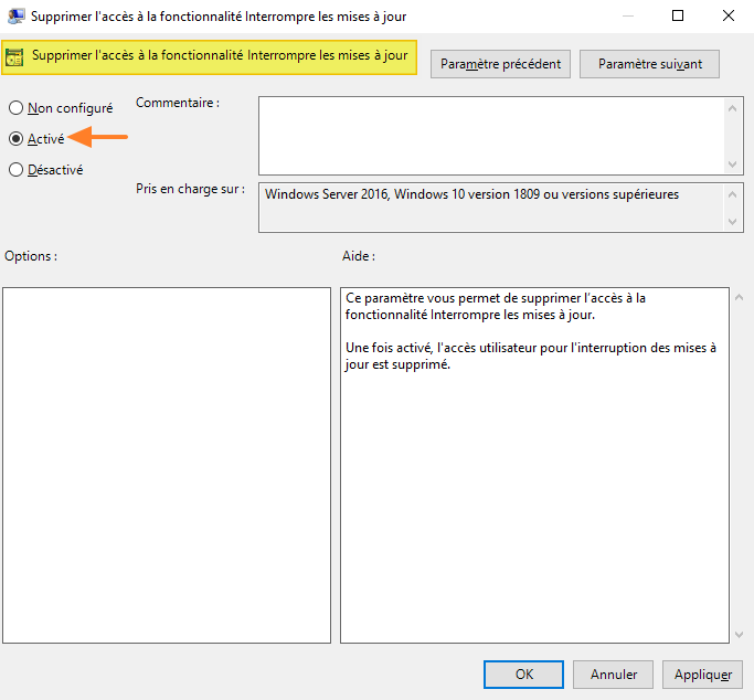 GPO - Supprimer l'accès à la fonctionnalité Interrompre les mises à jour