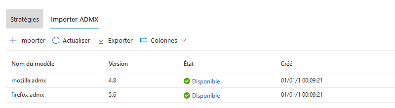 Intune - Liste ADMX personnalisés
